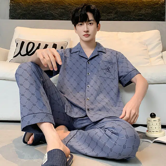 睦隆世家 纯棉短袖长裤舒适简约可外穿家居服夏季睡衣套装 男款