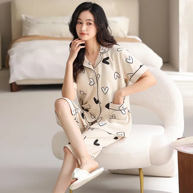 睦隆世家 短袖纯棉舒适休闲七分裤带胸垫家居服可外穿睡衣套装 女款