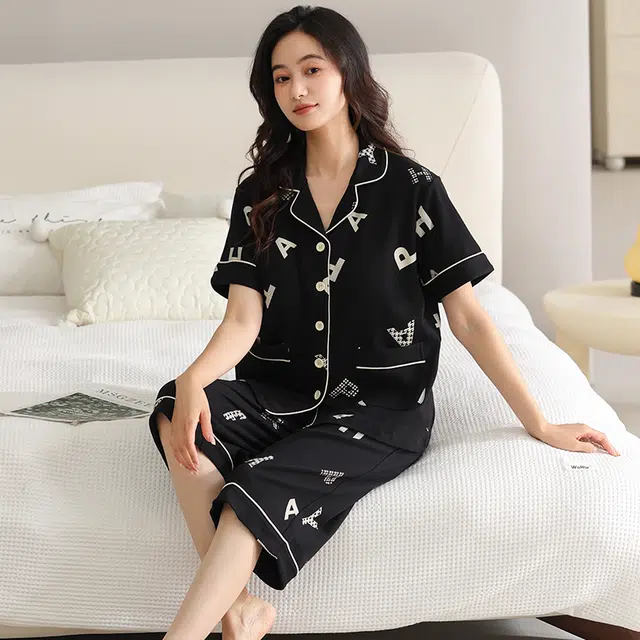 睦隆世家 短袖纯棉薄款七分裤带胸垫家居服睡衣套装 女款