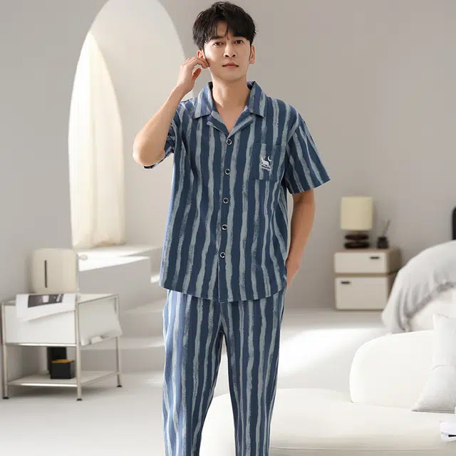 睦隆世家 短袖长裤舒适简约家居服可外穿夏季睡衣套装 男款