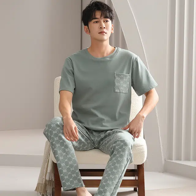 睦隆世家 纯棉长裤短袖舒适家居服可外穿夏季睡衣套装 男款