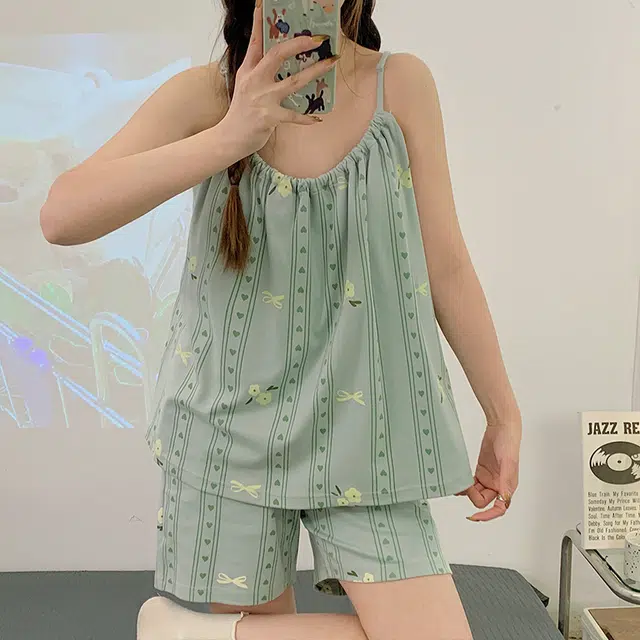 睦隆世家 带胸垫一体夏季性感吊带短裤夏天薄款家居服睡衣套装 女款