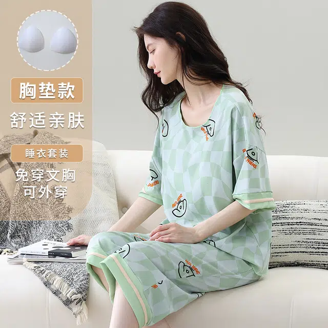 睦隆世家 冰丝带胸垫短袖七分裤套头大码薄款可外穿家居服睡衣套装 女款