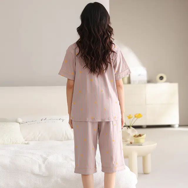 睦隆世家 夏季纯棉开衫短袖七分裤薄款甜美休闲家居服睡衣套装 女款