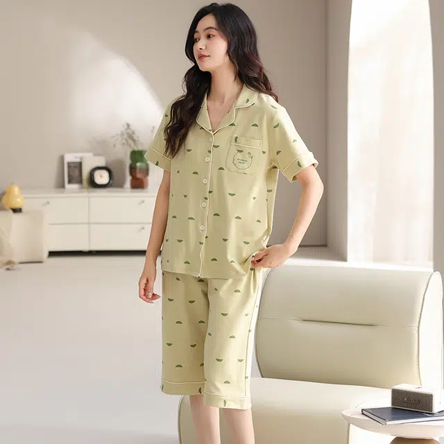 睦隆世家 夏季纯棉开衫短袖七分裤薄款休闲家居服睡衣套装 女款