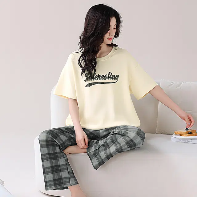 睦隆世家 圆领短袖上衣可外穿家居服长裤春夏季睡衣套装 女款