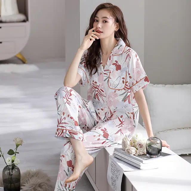 睦隆世家 冰丝短袖长裤家居服高级感薄款夏季睡衣套装 女款