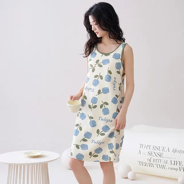 睦隆世家 夏季薄款带胸垫可外穿休闲家居服无袖吊带背心裙子睡裙 女款