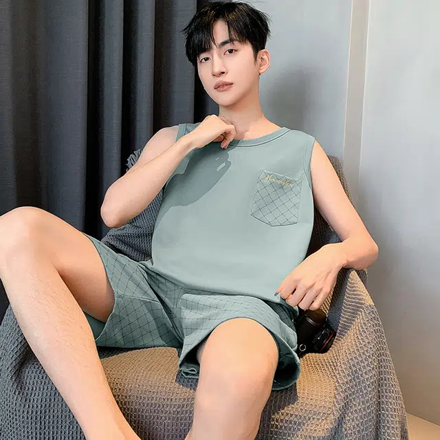 睦隆世家 背心纯棉无袖短裤休闲舒适宽松家居服可外穿睡衣套装 男款
