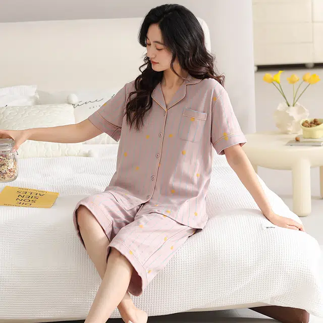 睦隆世家 夏季纯棉开衫短袖七分裤薄款甜美休闲家居服睡衣套装 女款