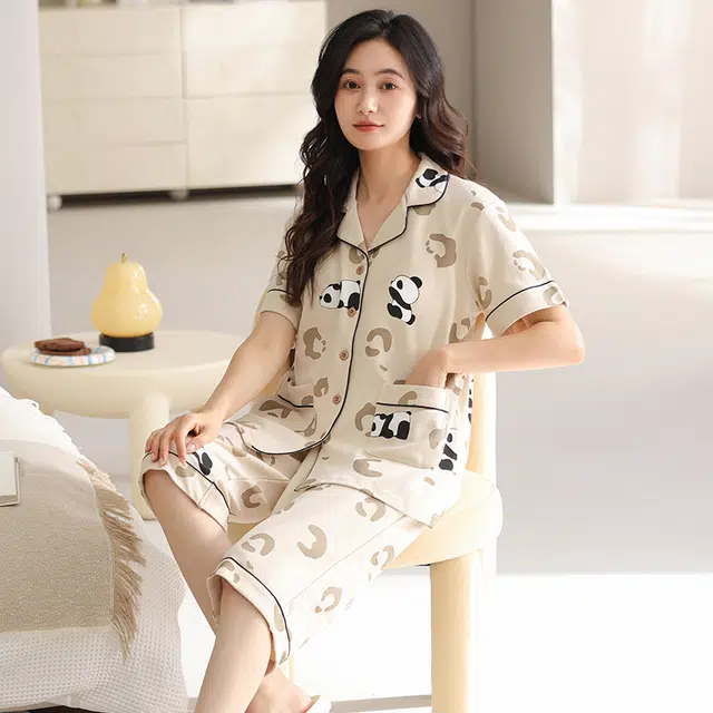 睦隆世家 短袖薄款七分裤带胸垫休闲家居服睡衣套装 女款