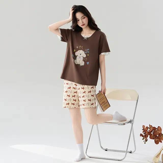 睦隆世家 短袖短裤卡通加大码家居服睡衣套装 女款