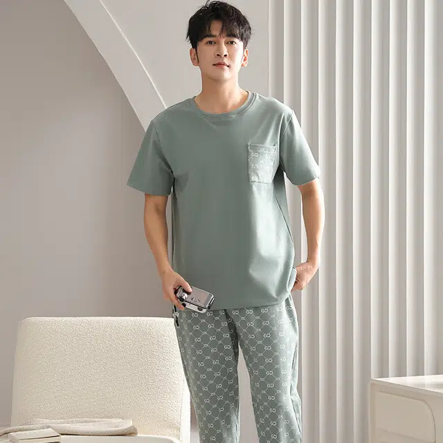 睦隆世家 纯棉长裤短袖舒适家居服可外穿夏季睡衣套装 男款