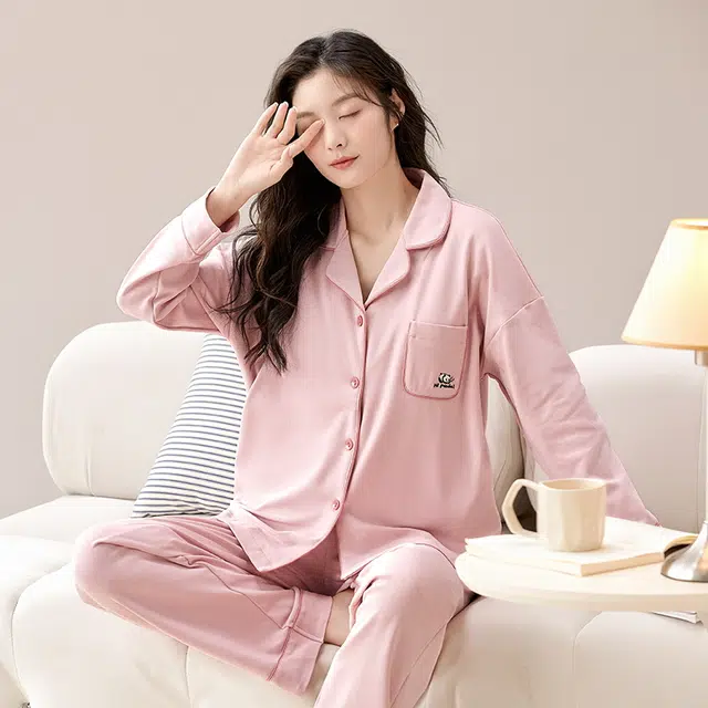 睦隆世家 春秋季甜美长袖纯棉翻领女士可外穿休闲睡衣翻领开衫女全棉家居服套装  女款  粉色
