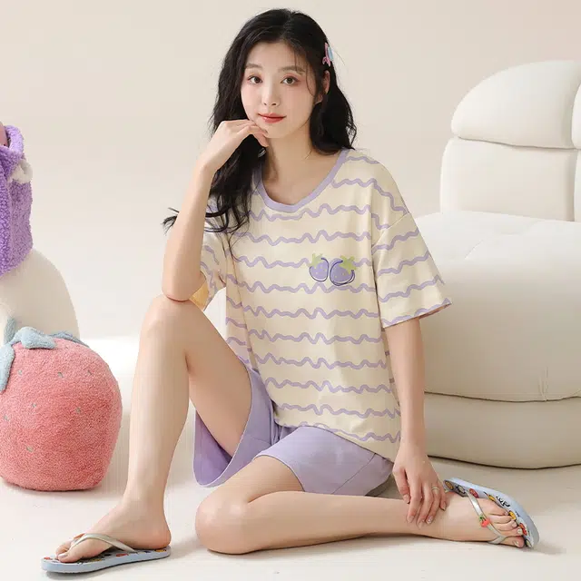 睦隆世家 带胸垫可外穿短袖上衣甜美家居服三分裤夏季睡衣套装 女款