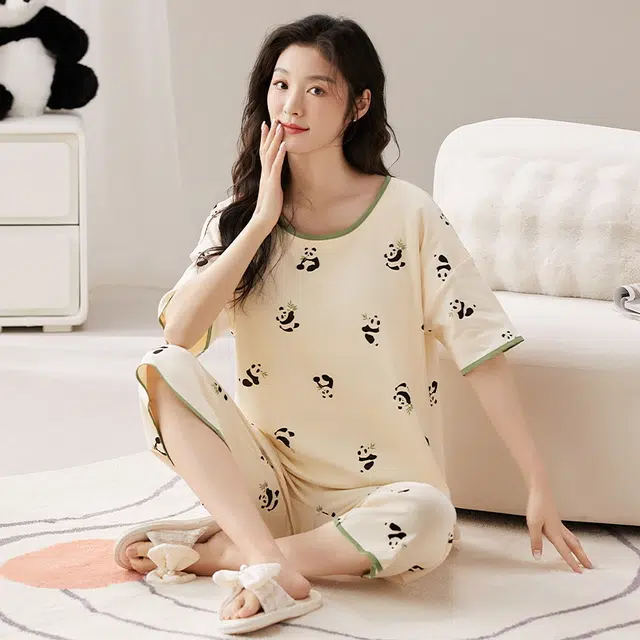 睦隆世家 睡衣女短袖夏季纯棉带胸垫休闲薄款可外穿夏天全棉家居服  套装  杏色