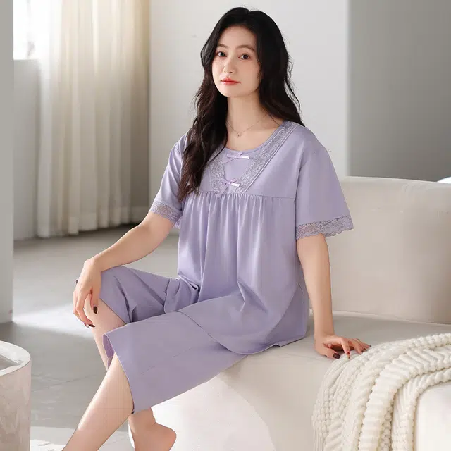睦隆世家 短袖七分裤薄款家居服冰丝夏季睡衣套装 女款