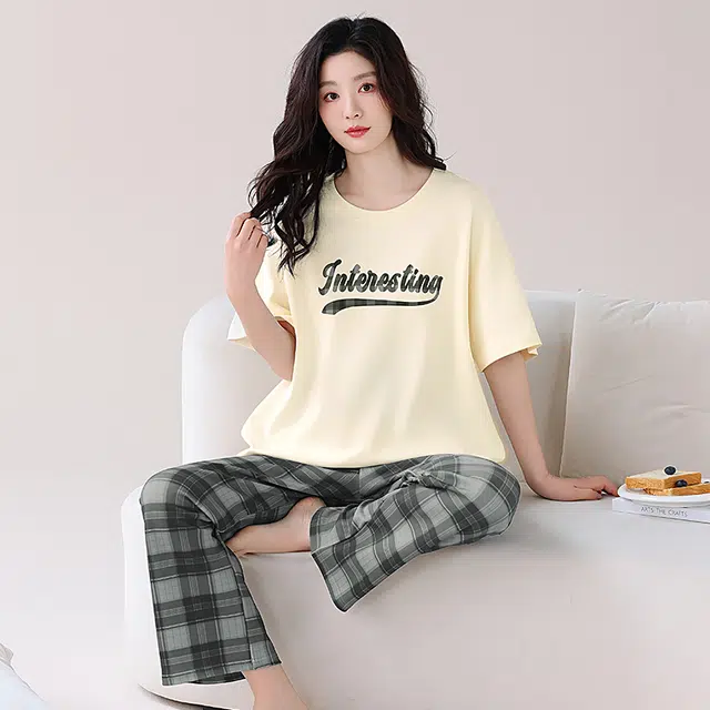 睦隆世家 圆领短袖上衣可外穿家居服长裤春夏季睡衣套装 女款