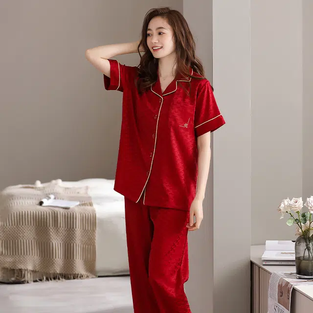 睦隆世家 冰丝短袖长裤薄款仿真丝绸家居服夏季睡衣套装 女款