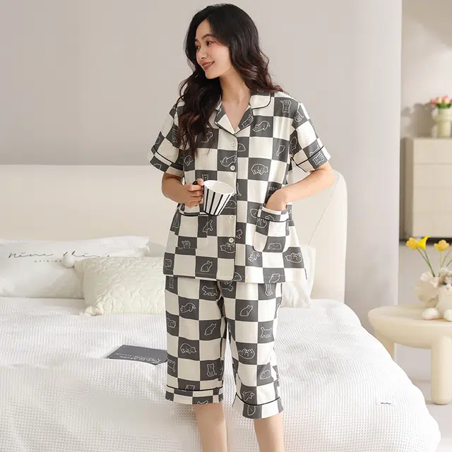 睦隆世家 短袖纯棉薄款舒适七分裤带胸垫家居服可外穿睡衣套装 女款