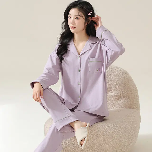 睦隆世家 纯色纯棉长袖家居服可外穿春秋款睡衣套装 女款