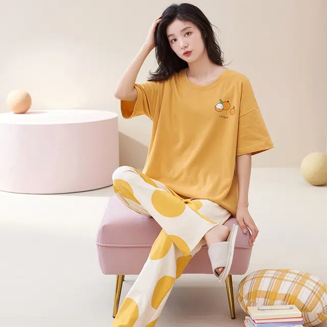 睦隆世家 带胸垫出勤短袖长裤家居服纯棉夏季睡衣套装 女款