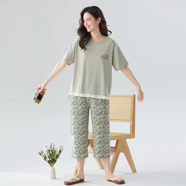 睦隆世家 短袖七分裤薄款凉感舒适可外穿家居服睡衣套装 女款