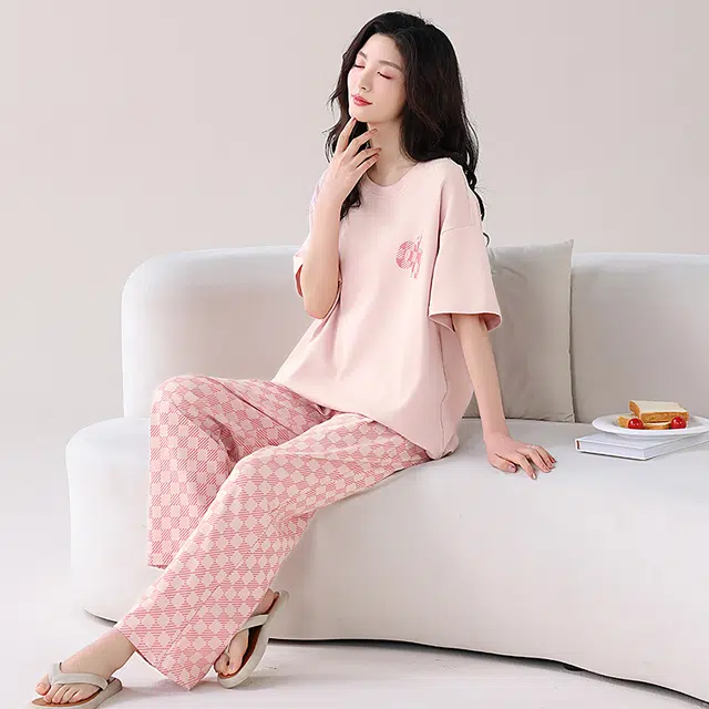 睦隆世家 纯棉可出门外穿家居服短袖长裤休闲睡衣套装 女款