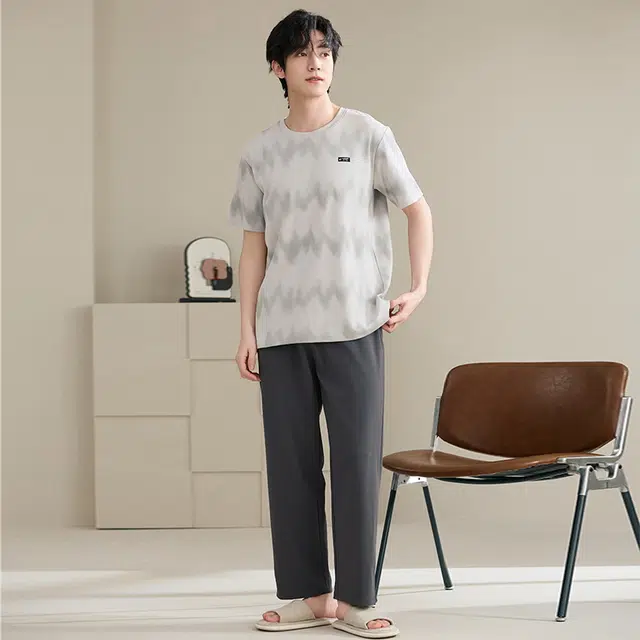 睦隆世家 纯棉短袖长裤薄款舒适可外穿家居服睡衣套装 男款