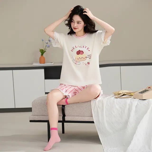 睦隆世家 卡通加大码家居服短袖短裤睡衣套装 女款