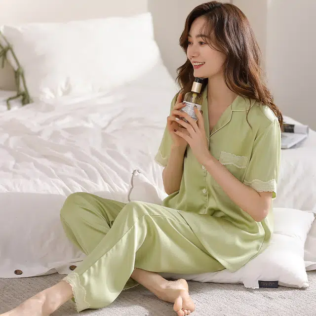 睦隆世家 纯色冰丝短袖长裤薄款家居服夏季睡衣套装 女款