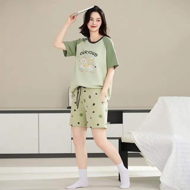 睦隆世家 加大码家居服短袖短裤薄款卡通睡衣套装 女款