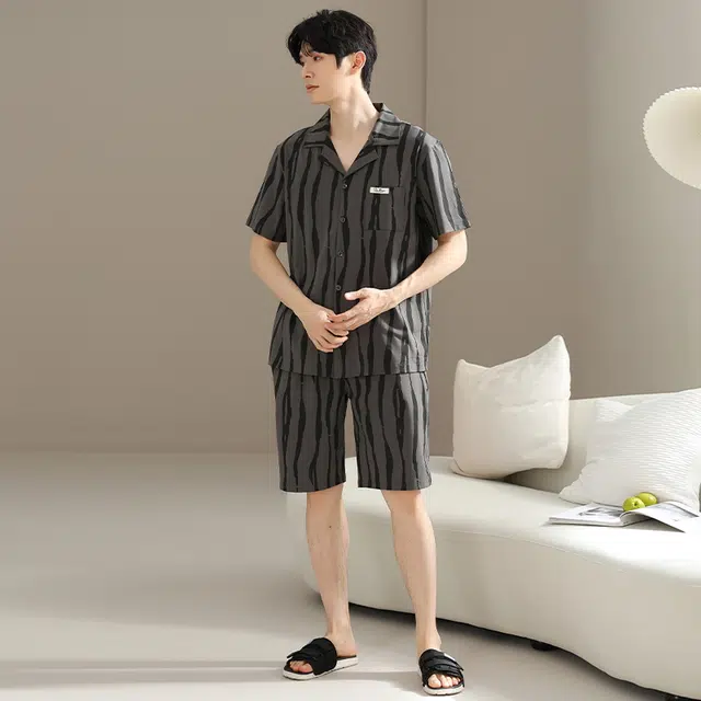 睦隆世家 开衫抑菌短袖高级感家居服五分裤夏季睡衣套装 男款