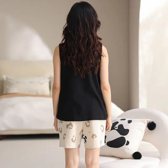 睦隆世家 无袖短裤带胸垫防凸点一体家居服大码睡衣套装 女款