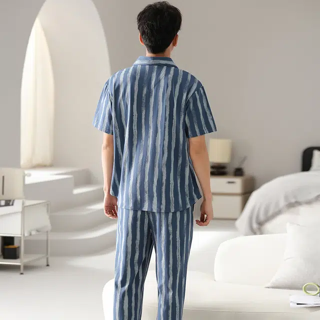 睦隆世家 短袖长裤舒适简约家居服可外穿夏季睡衣套装 男款