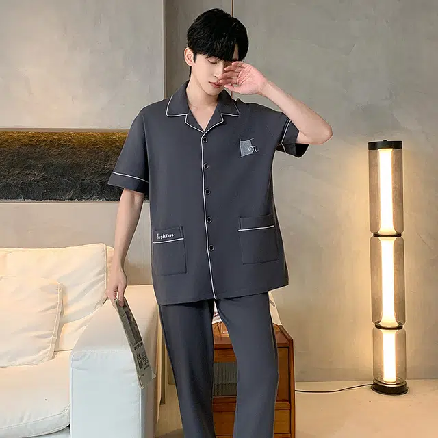 睦隆世家 纯棉短袖长裤时尚舒适家居服夏季睡衣套装 男款