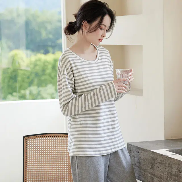 睦隆世家 带胸垫家居服长袖可外穿春秋睡衣套装 女款