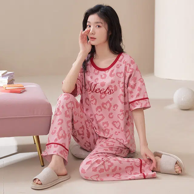睦隆世家 纯棉带胸垫家居服出勤短袖长裤夏季睡衣套装 女款