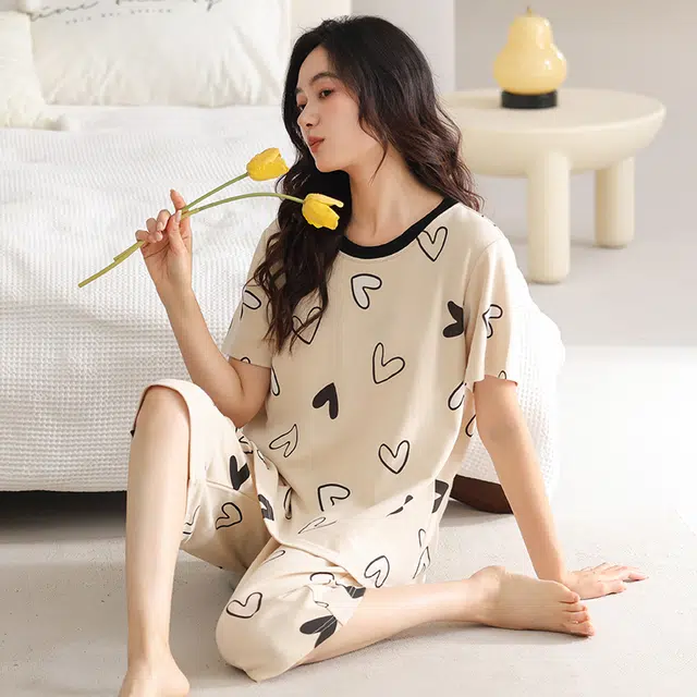 睦隆世家 带胸垫短袖七分裤薄款休闲舒适家居服睡衣套装 女款