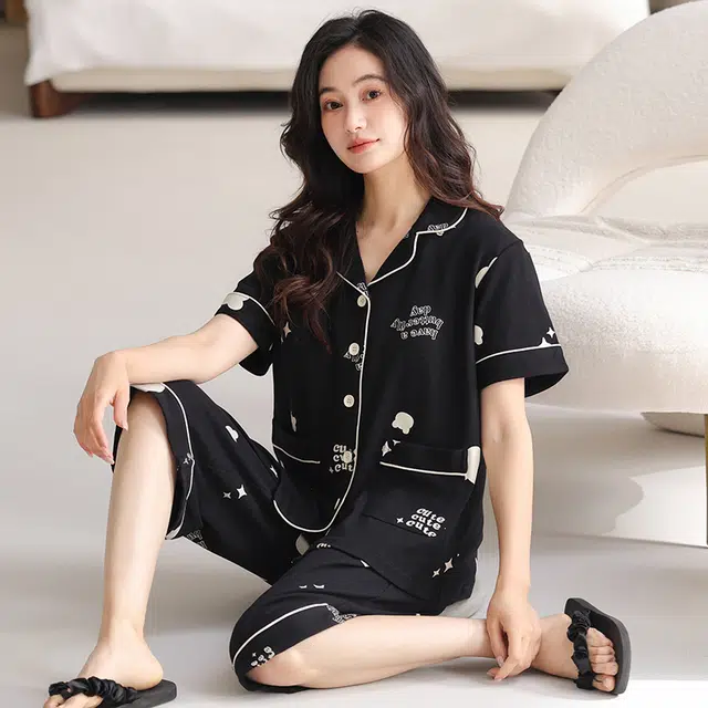 睦隆世家 短袖纯棉薄款七分裤舒适带胸垫家居服睡衣套装 女款