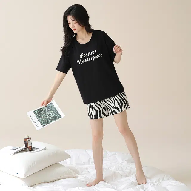 睦隆世家 带胸垫韩版圆领家居服短袖上衣可爱可外穿潮流三分裤睡衣套装 女款