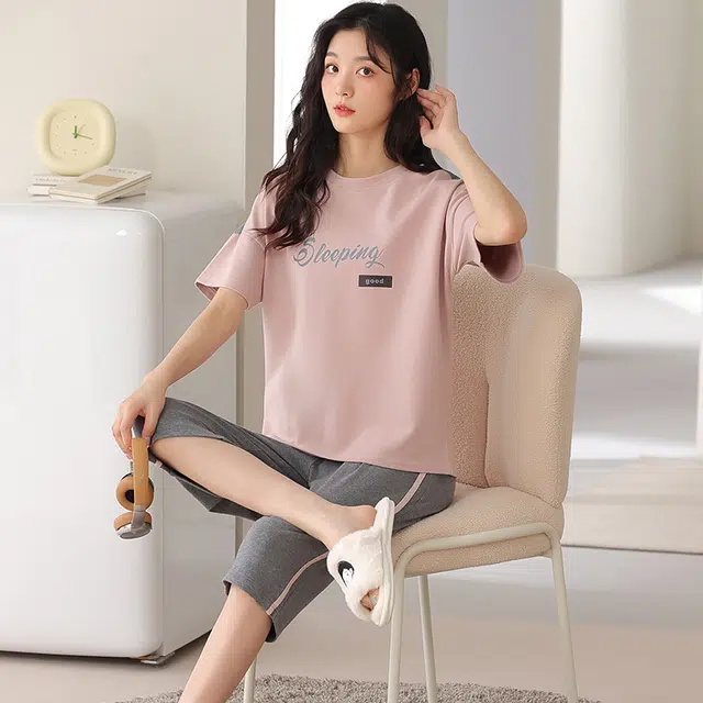 睦隆世家 纯棉薄款短袖舒适休闲家居服可外穿睡衣套装 女款