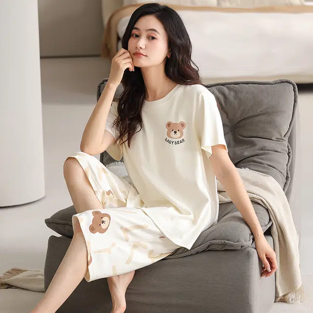 睦隆世家 纯棉薄款短袖休闲舒适可外穿家居服睡衣套装 女款