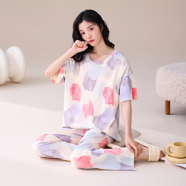 睦隆世家 家居服纯棉带胸垫一体出勤短袖长裤夏季睡衣套装 女款