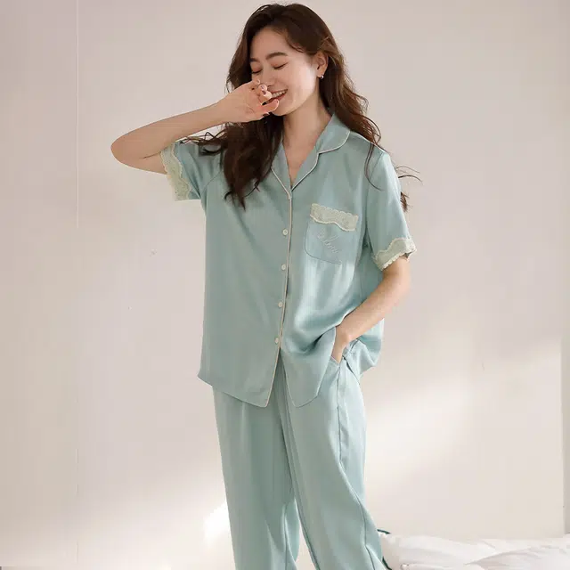 睦隆世家 凉感冰丝短袖长裤薄款家居服夏季睡衣套装 女款