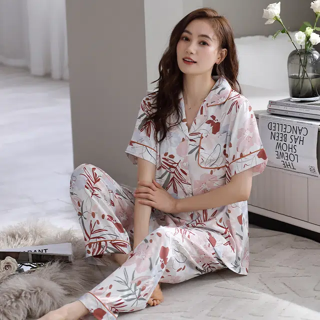 睦隆世家 冰丝短袖长裤家居服高级感薄款夏季睡衣套装 女款