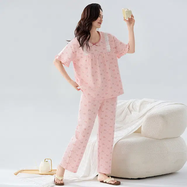 睦隆世家 卡通蕾丝蝴蝶结短袖家居服长裤夏季睡衣套装 女款