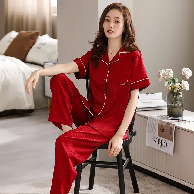 睦隆世家 冰丝短袖长裤薄款仿真丝绸家居服夏季睡衣套装 女款