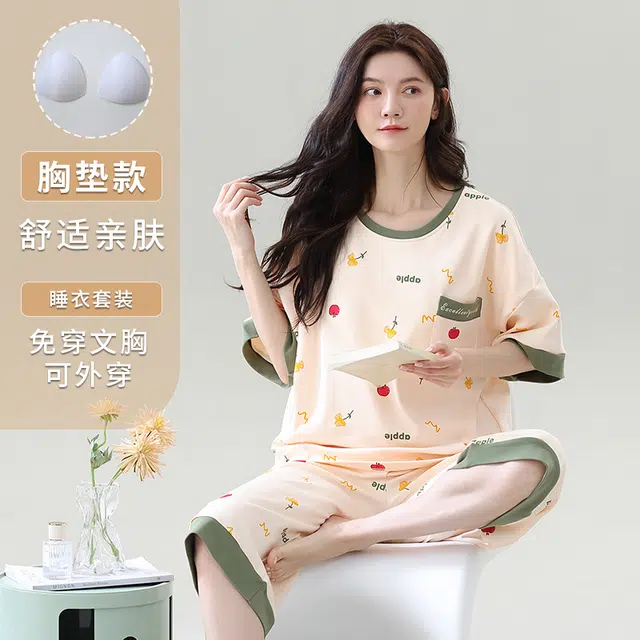 睦隆世家 薄款短袖短裤舒适休闲家居服可外穿睡衣套装 女款