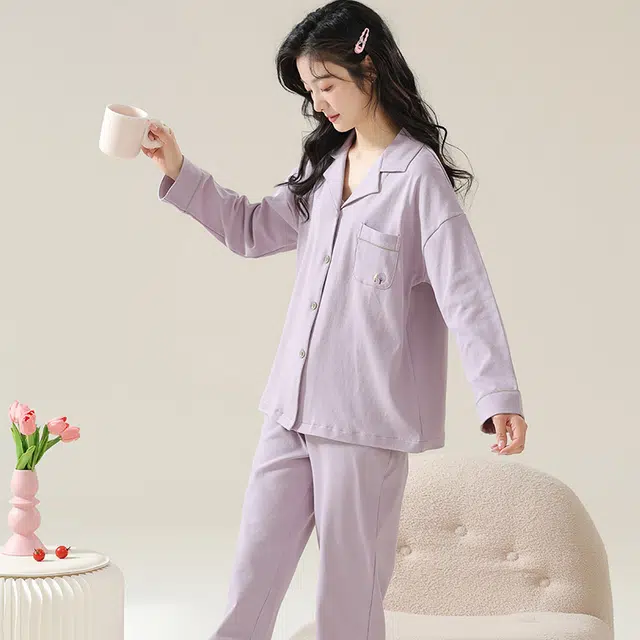 睦隆世家 纯色纯棉长袖家居服可外穿春秋款睡衣套装 女款